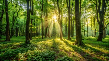 Warm sunlight filtering through dense foliage in a lush green forest, casting dappled shadows on the forest floor, forest light, green forest