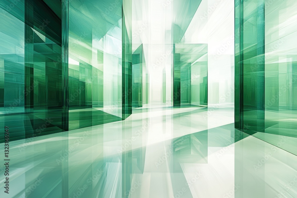 Poster abstract architectural rendering of a futuristic green glass building interior.
