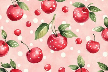 Watercolor cherries on pink polka dot background. Perfect for summer designs, food blogs, or sweet themed projects.