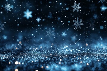Christmas-themed blue background with hanging snowflakes, dark navy ornaments, and glittery abstract backdrop. New Year celebration banner design with space for text.
