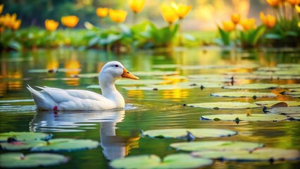 A white duck swimming in a serene pond surrounded by lily pads and water lilies, with a few leaves floating on the surface of the water, idyllic scene , wildlife