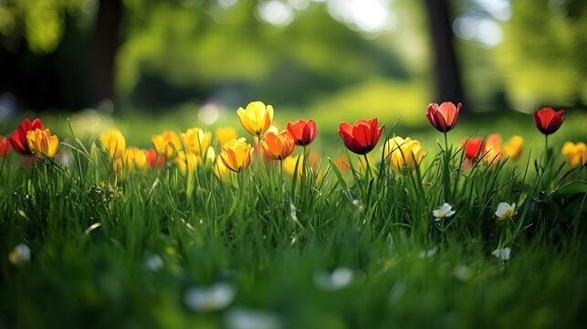 Vibrant Red and Yellow Tulips in a Serene Spring Meadow - Soft - Focus, High - Saturation Nature Photo for Social Media Posters and Desktop Wallpapers 