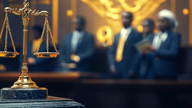 Justice Served: A symbolic golden scale of justice, prominently displayed in a courtroom setting, represents fairness and legal proceedings. People of various backgrounds are in the background.