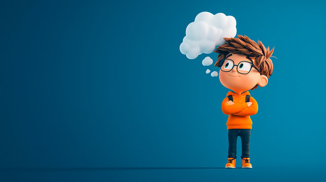 Personaje alegre mirando hacia arriba con gafas pensando con espacio para texto