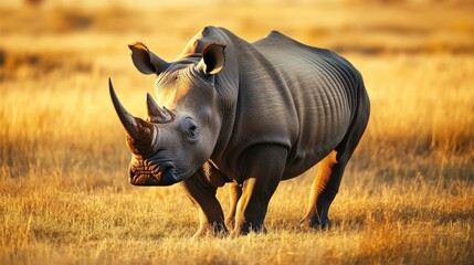 Obraz premium A large rhinoceros stands gracefully in sunlit grassy savanna