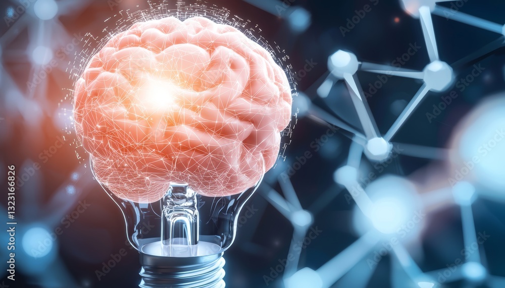 Poster a modern technology-inspired image with a luminous brain in a virtual light bulb, surrounded by futu