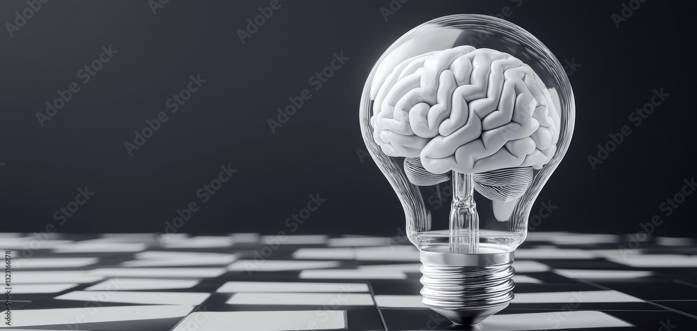 Poster an artificial intelligence and innovation theme with a holographic brain floating inside a transpare