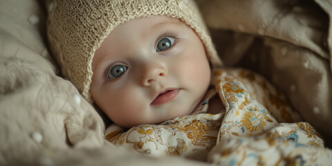 Charming baby portrait cozy indoor setting photography soft textures close-up view innocence and wonder