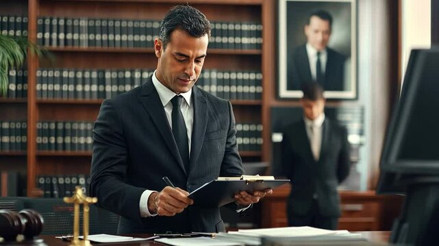 Legal Precision: A poised lawyer meticulously reviews documents within an elegantly appointed office. Behind him, an assistant stands ready.