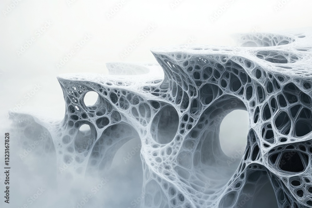 Poster Abstract 3D rendering of a complex, interconnected network resembling a porous, cavernous landscape.