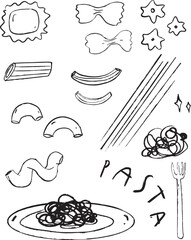Vector hand drawn sketch  illustration set of pasta, Hand drawn different pasta food set
