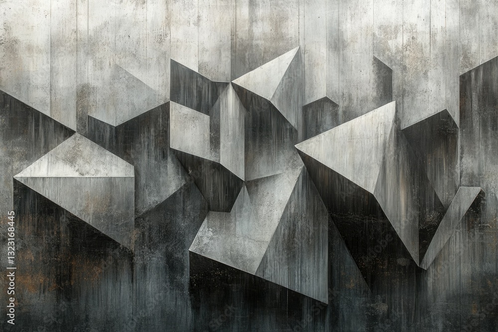 Poster Abstract grayscale artwork depicting interlocking geometric shapes resembling a concrete wall, creating a three-dimensional effect.