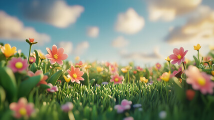 Fototapeta premium Serene Meadow with Pastel - Colored Flowers under a Soft - Focus Blue Sky: Ideal for Social Media Posts and Relaxing Desktop Wallpapers 