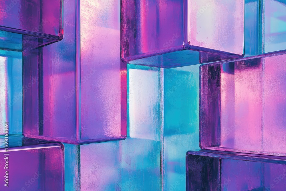 Poster abstract image of translucent purple and blue cubes stacked, creating a vibrant and modern aesthetic