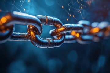 Close-up of a strong metal chain, links interlocked. Illustrates concepts of connection, security, and blockchain technology.