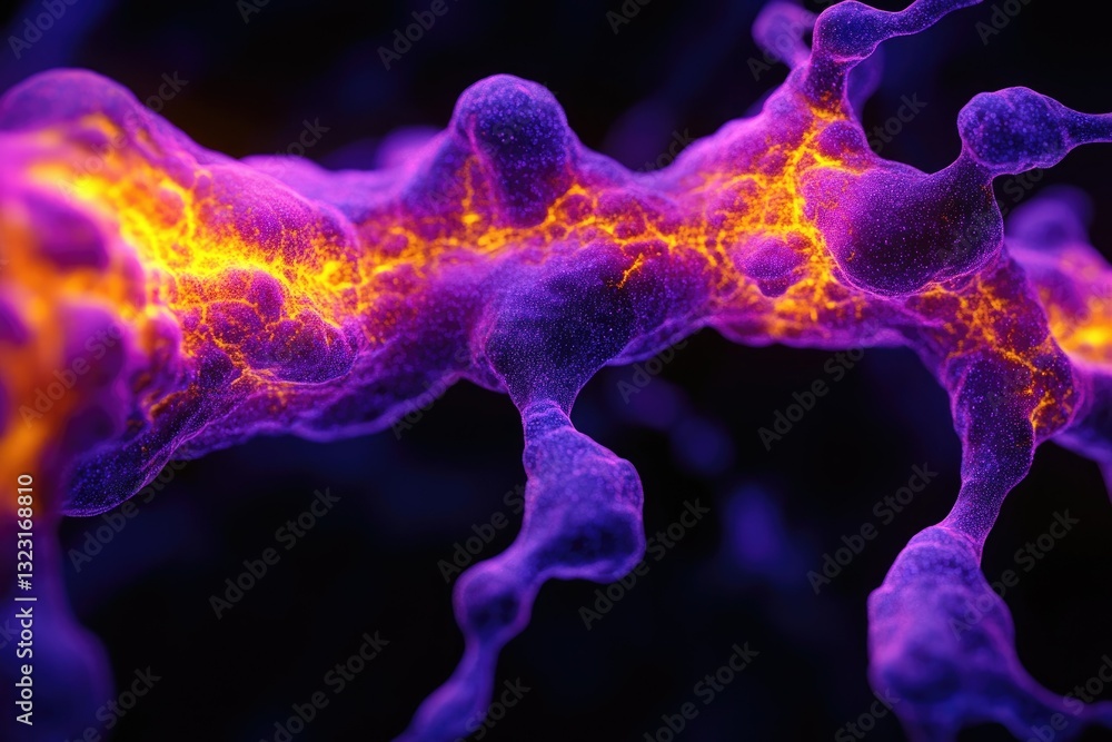 Aufkleber Abstract microscopic image showing vibrant purple and orange structures, resembling a complex network or organism.