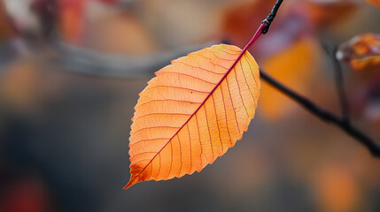 Obraz premium Close-up of a single leaf in autumn: A scenic view of veins in warm tones. 