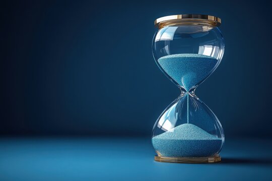 Hourglass with blue sand against a blue background symbolizing time passing and deadlines approaching