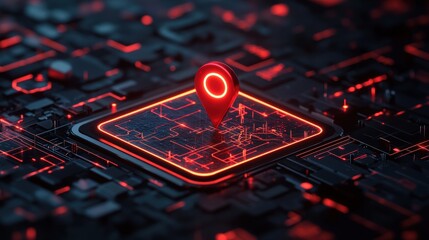 Futuristic Digital Interface with Bright Red Map Location Marker