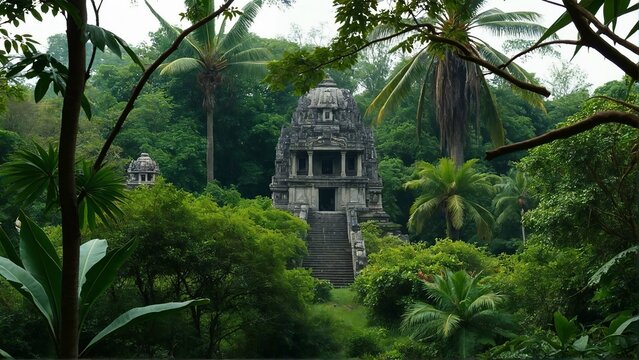 Generative A.I. envisions an ancient jungle temple, hidden in lush greenery, its weathered stone echoing forgotten civilizations, shrouded in mystery and history