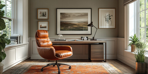Modern home office setup with stylish leather chair cozy room interior design bright natural light contemporary aesthetic