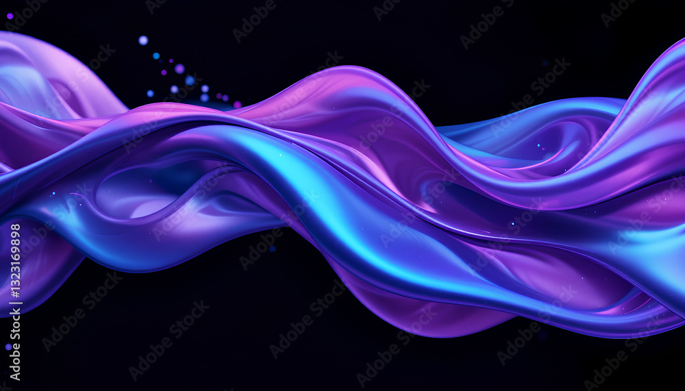 Poster abstract fluid 3d render with holographic iridescent neon wave in motion on black background - color
