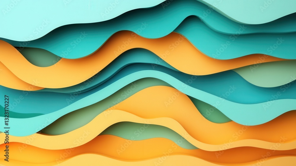 Poster colorful layers of paper waves creating depth and texture in blue, green, and orange tones for abstr