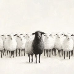 A high-resolution artistic depiction of a flock of sheep drawn in a delicate, minimalist hand-drawn style. Among the white sheep, a single black sheep stands out