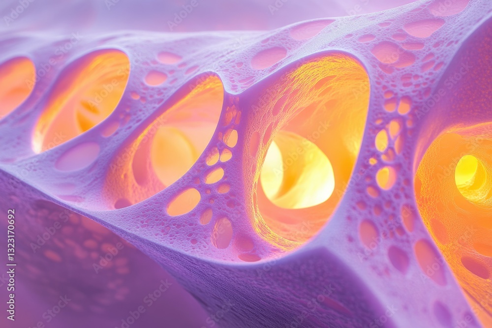 Poster abstract image of a porous, biomorphic structure with glowing orange inner cavities. intricate, orga