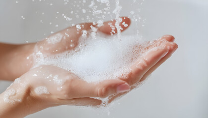 Fototapeta premium Woman pouring shampoo on her hand on white background, close up