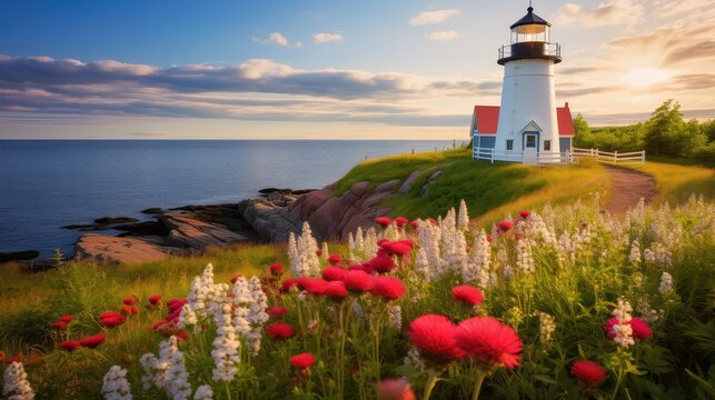 greenery red and white lighthouse