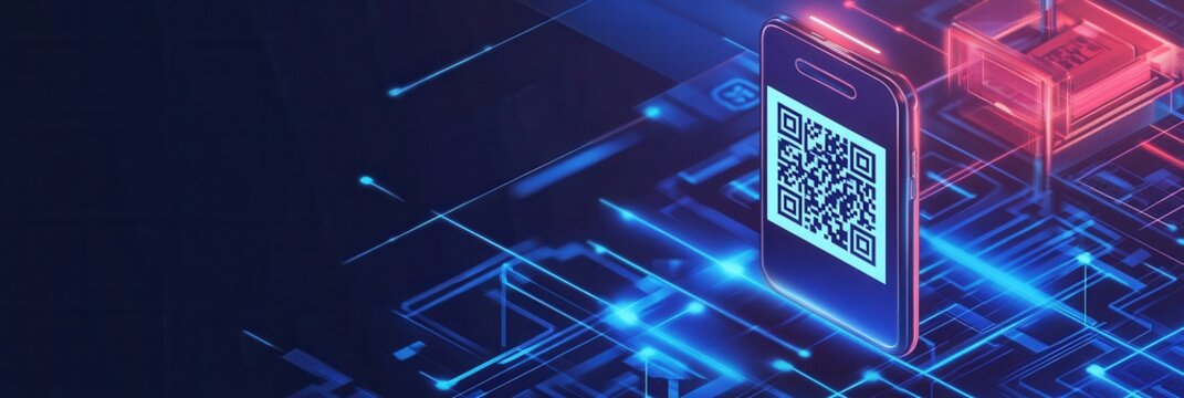 Smartphone scans QR code for order pickup with advanced interface and futuristic design in a digital environment