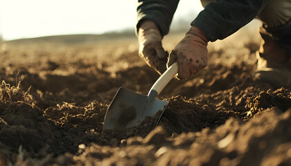 Farmer digging soil with shovel on sunny day, closeup