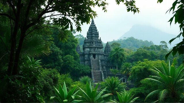 Generative A.I. envisions an ancient jungle temple, hidden in lush greenery, its weathered stone echoing forgotten civilizations, shrouded in mystery and history