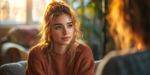 Candid conversation between two young women cozy living room portrait warm lighting intimate setting emotional connection