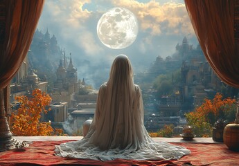 Serene Woman Contemplates Ancient Cityscape Majestic Moon sky red view veil calm dress scene towers 