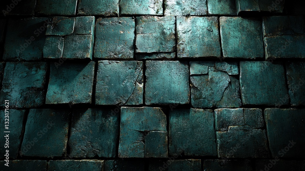 Poster a textured surface of dark, weathered tiles, illuminated with soft light, creating a mysterious and 
