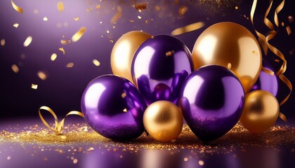 purple and gold balloons with confetti