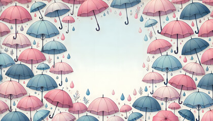 Obraz premium パステルカラーの傘と雨粒の可愛いフレームイラスト
