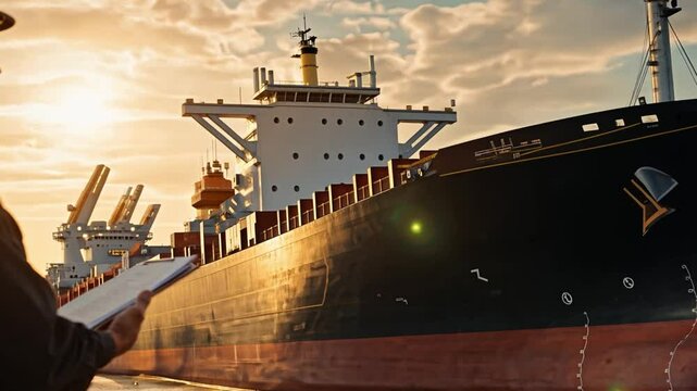 Ocean Logistics Overseer: An individual in silhouette, meticulously reviewing a document with a massive cargo ship in the background, showcasing the scale of global shipping operations.