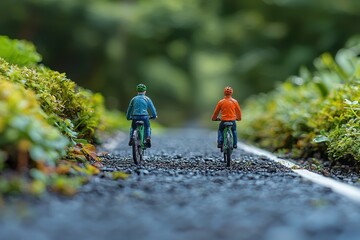Obraz premium Small Figures Cycling on Road Surrounded by Nature