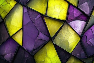 Abstract artwork depicting a mosaic of cracked, purple and yellow glass pieces.