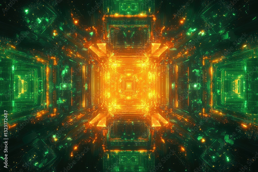 Poster abstract digital tunnel with glowing green and orange lights, creating a futuristic, technological a