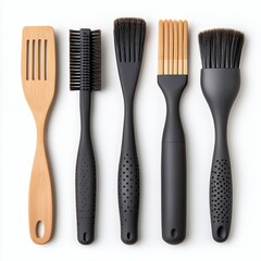 Cleaning Brushes and Wooden Spatula on White Background, Generative AI.