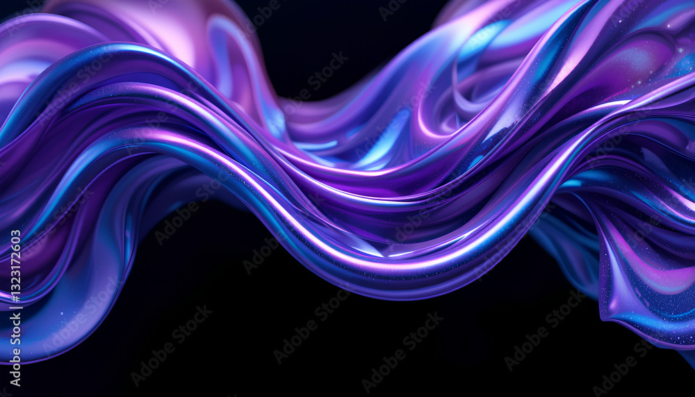 Poster abstract fluid 3d render with holographic iridescent neon wave in motion on black background - color