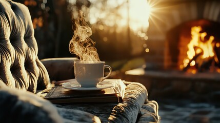Steaming cup of beverage near a fireplace in the sunlight