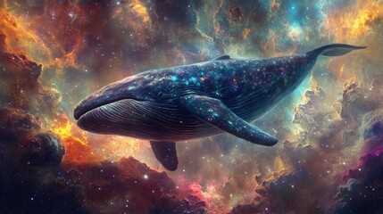 A majestic whale swims through the expansive cosmic nebula clouds