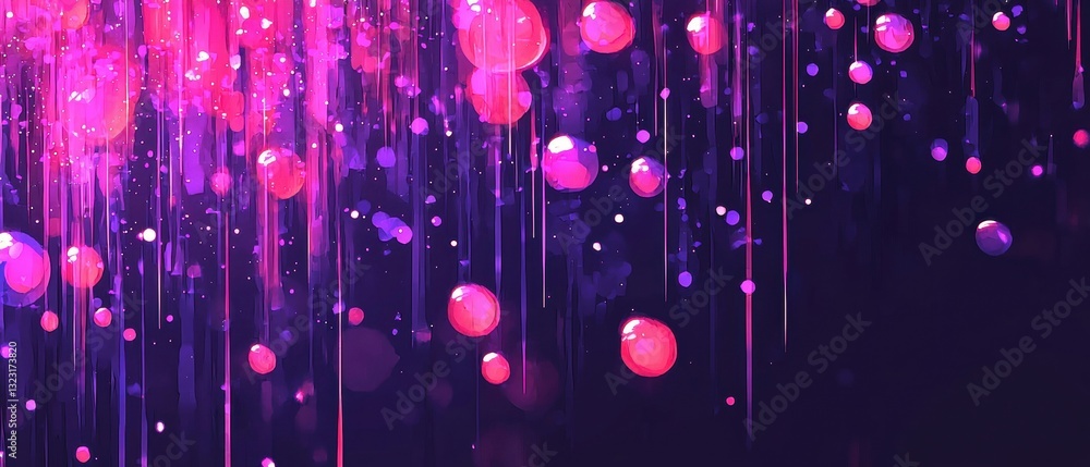 Poster a vibrant display of hanging spheres in shades of pink and purple, set against a dark background, cr