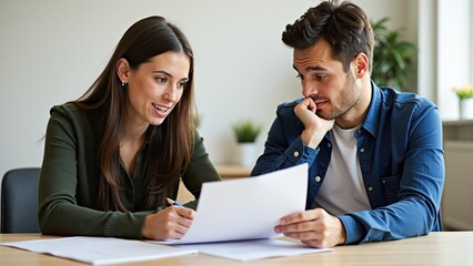 A young couple is sitting at a table, engaged in a serious discussion over some documents.
