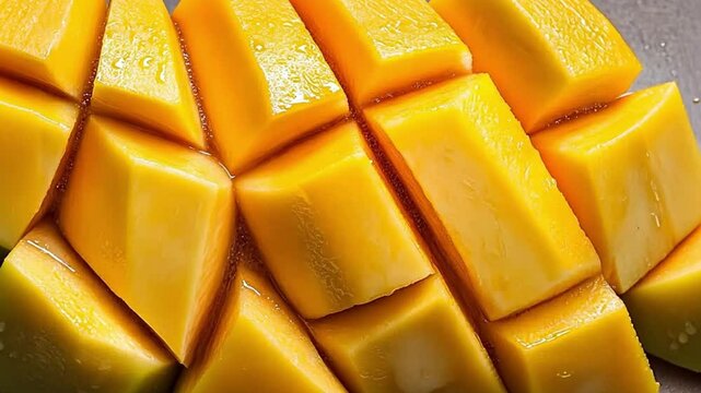 Sliced mango closeup showing juicy texture and vibrant yellow color